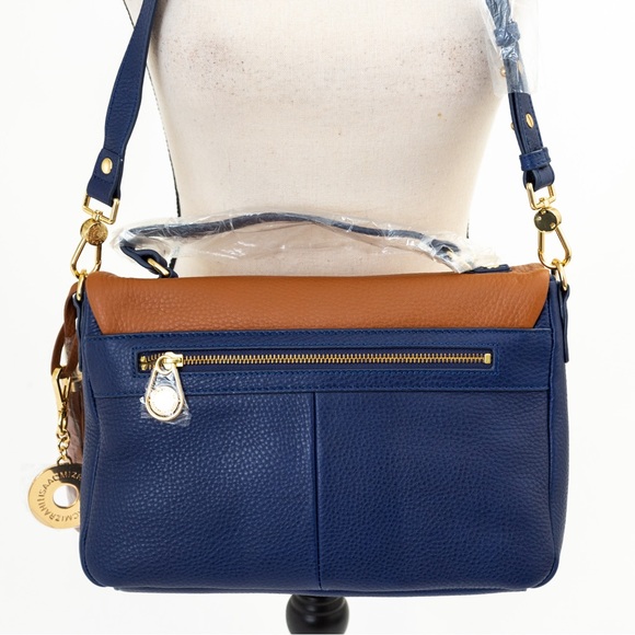 Preppy leather messenger bag Isaac Mizrahi Live Bridgehampton blue & brown - Picture 4 of 16